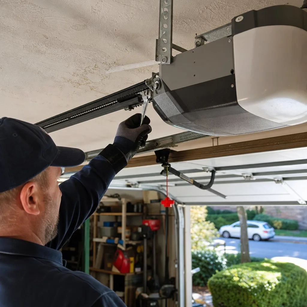Technician performing professional garage door opener repair and installation