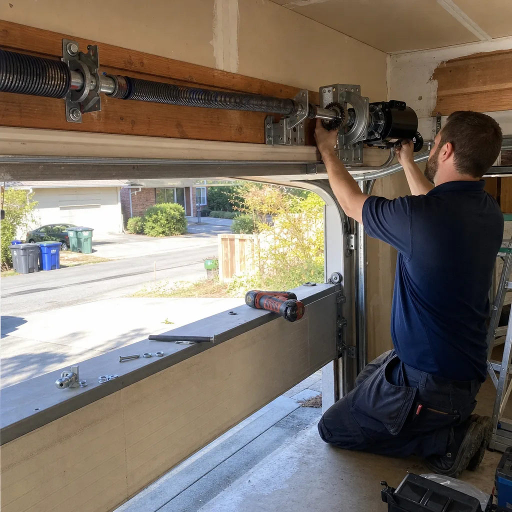 Professional technician performing garage door opener repair and installation
