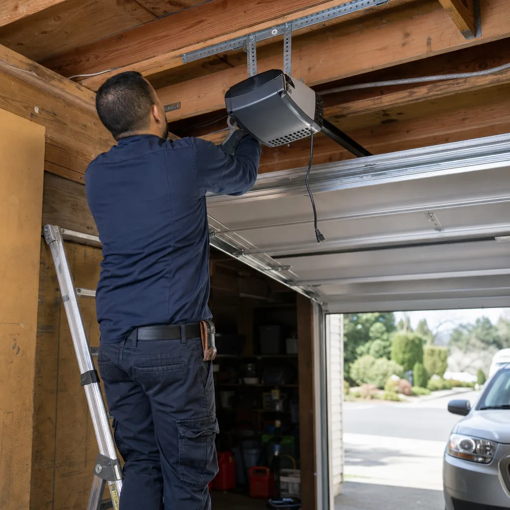 Technician performing professional garage door opener repair and installation on a ladder