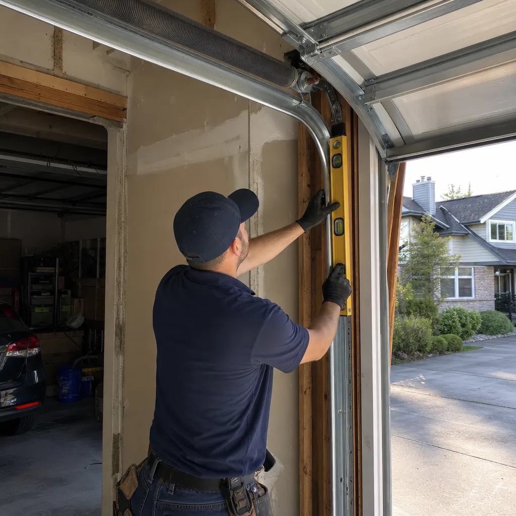 Technician using a level to install or repair garage door tracks