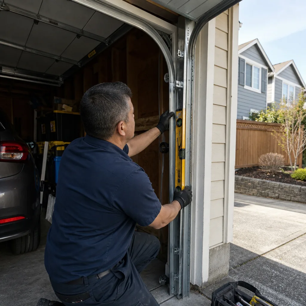 Technician using a level to repair a garage door track