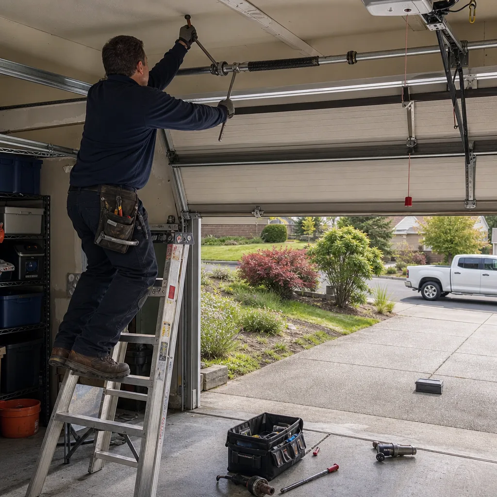 Professional technician performing garage door torsion spring repair and maintenance