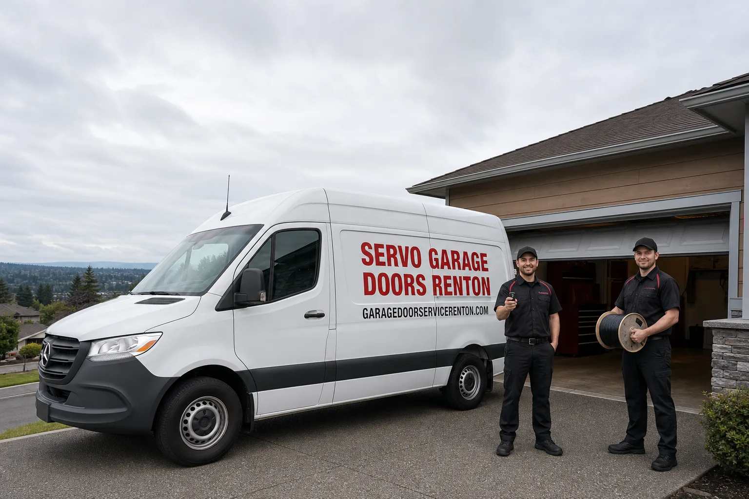 Servo Garage Doors Renton garage door service vehicle and crew in Renton, WA
